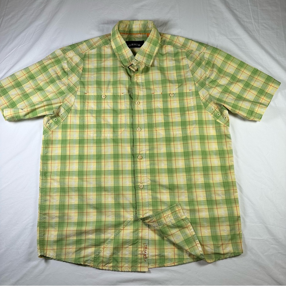 Orvis Plaid Shirt Mens L Green Yellow Short Sleeve Fishing Camping Outdoor